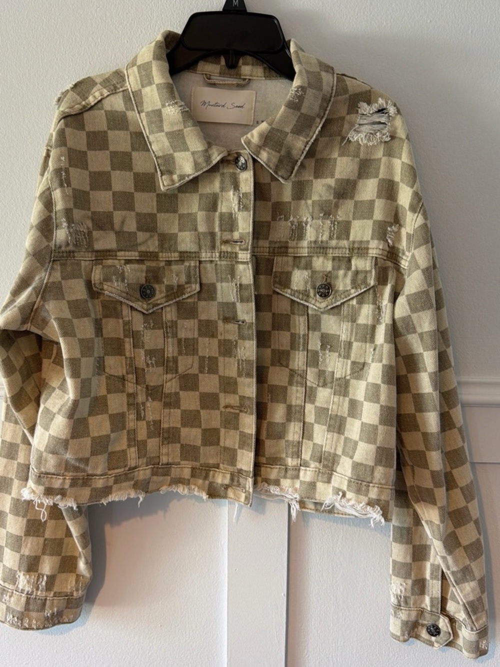 Mustard Seed Beige & Cream Checkered Distressed Crop Jacket Size S
